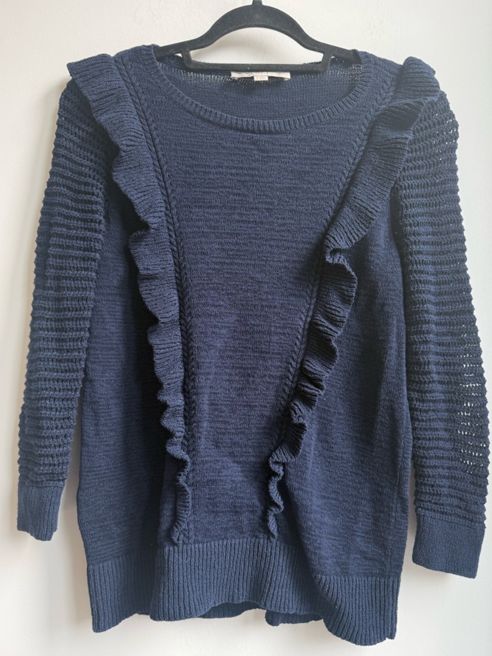 LOFT Navy Ruffle Sweater Crewneck Knit Textured Sleeve S